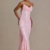 Vestido largo con espalda abierta y adornos Ariette Premium en rosa bebé