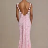 Vestido largo con espalda abierta y adornos Ariette Premium en rosa bebé