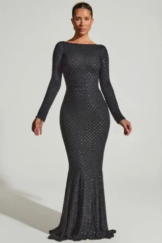 Vestido largo con espalda abierta y adornos Jailene en negro