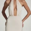 Vestido largo con espalda descubierta, cuello halter y corte de sirena Desiree en color marfil