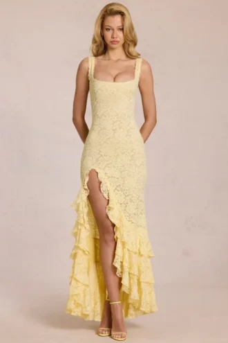 Vestido largo con volantes de encaje Celira en amarillo limón