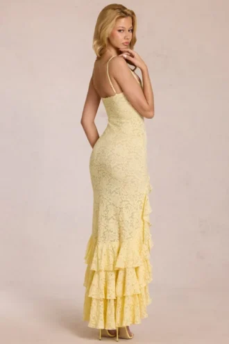 Vestido largo con volantes de encaje Celira en amarillo limón