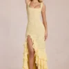 Vestido largo con volantes de encaje Celira en amarillo limón