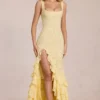Vestido largo con volantes de encaje Celira en amarillo limón