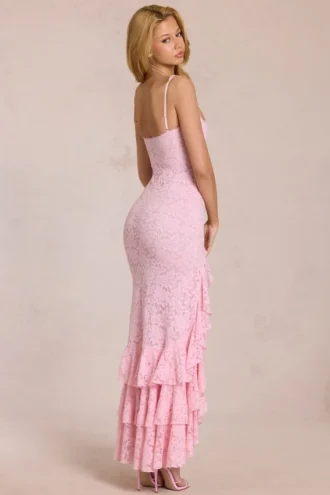 Vestido largo con volantes de encaje Celira en rosa flor