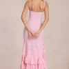 Vestido largo con volantes de encaje Celira en rosa flor