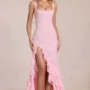 Vestido largo con volantes de encaje Celira en rosa flor