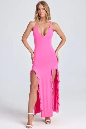 Vestido largo con volantes fruncidos Coraline en rosa lollipop