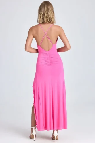 Vestido largo con volantes fruncidos Coraline en rosa lollipop