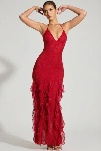 Vestido largo con volantes y cuello halter adornado de Anley en rojo