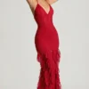 Vestido largo con volantes y cuello halter adornado de Anley en rojo