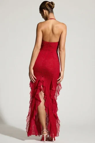 Vestido largo con volantes y cuello halter adornado de Anley en rojo
