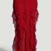 Vestido largo con volantes y cuello halter adornado de Anley en rojo