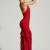 Vestido largo con volantes y cuello halter adornado de Anley en rojo