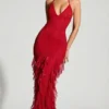Vestido largo con volantes y cuello halter adornado de Anley en rojo