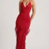 Vestido largo con volantes y cuello halter adornado de Anley en rojo