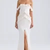 Vestido largo con volantes y hombros descubiertos Hemera en marfil
