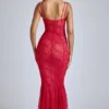 Vestido largo de cola de pez de encaje transparente Marietta en rojo cereza