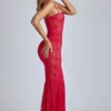 Vestido largo de cola de pez de encaje transparente Marietta en rojo cereza