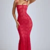 Vestido largo de cola de pez de encaje transparente Marietta en rojo cereza