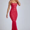 Vestido largo de cola de pez de encaje transparente Marietta en rojo cereza
