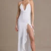 Vestido largo de gasa Emmeline con cuello vuelto y espalda abierta en blanco