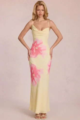 Vestido largo de gasa Fioren con estampado floral amarillo