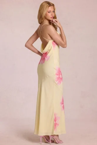 Vestido largo de gasa Fioren con estampado floral amarillo