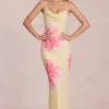 Vestido largo de gasa Fioren con estampado floral amarillo