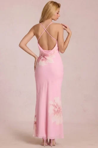Vestido largo de gasa Fioren con estampado floral rosa
