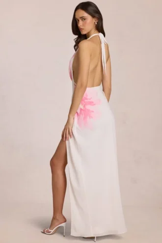 Vestido largo de gasa Solenne con estampado floral blanco