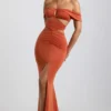 Vestido largo de jersey elástico con escote halter y aberturas de Karleen en naranja quemado