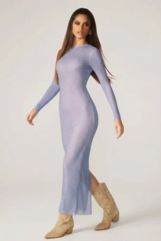 Vestido largo de manga larga con adornos Yasmin en azul