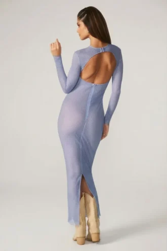 Vestido largo de manga larga con adornos Yasmin en azul