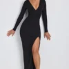 Vestido largo de manga larga con escote pronunciado Marcela en Modal negro