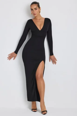 Vestido largo de manga larga con escote pronunciado Marcela en Modal negro