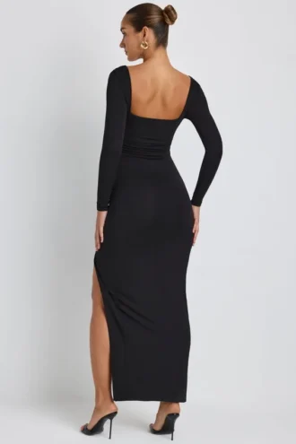 Vestido largo de manga larga con escote pronunciado Marcela en Modal negro