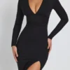 Vestido largo de manga larga con escote pronunciado Marcela en Modal negro
