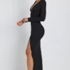Vestido largo de manga larga con escote pronunciado Marcela en Modal negro
