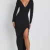 Vestido largo de manga larga con escote pronunciado Marcela en Modal negro