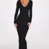 Vestido largo de manga larga con escote pronunciado y tejido de modal acanalado Noa en negro