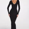 Vestido largo de manga larga con escote pronunciado y tejido de modal acanalado Noa en negro