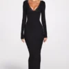 Vestido largo de manga larga con escote pronunciado y tejido de modal acanalado Noa en negro