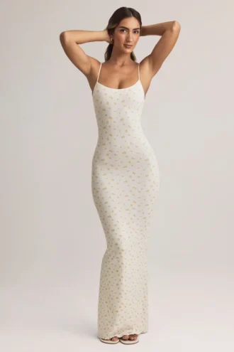 Vestido largo de modal Salma con cuello redondo y tirantes, estampado floral