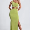 Vestido largo de un solo hombro con detalles metálicos Rosalia en verde oliva