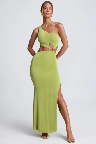 Vestido largo de un solo hombro con detalles metálicos Rosalia en verde oliva