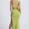 Vestido largo de un solo hombro con detalles metálicos Rosalia en verde oliva