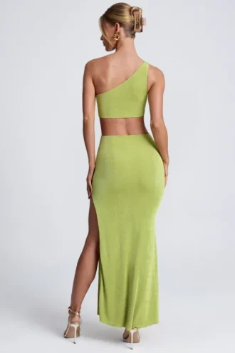 Vestido largo de un solo hombro con detalles metálicos Rosalia en verde oliva