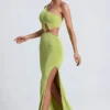 Vestido largo de un solo hombro con detalles metálicos Rosalia en verde oliva