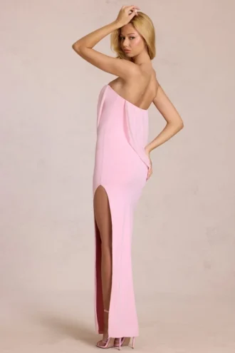 Vestido largo drapeado con top bandeau Caliane en rosa flor